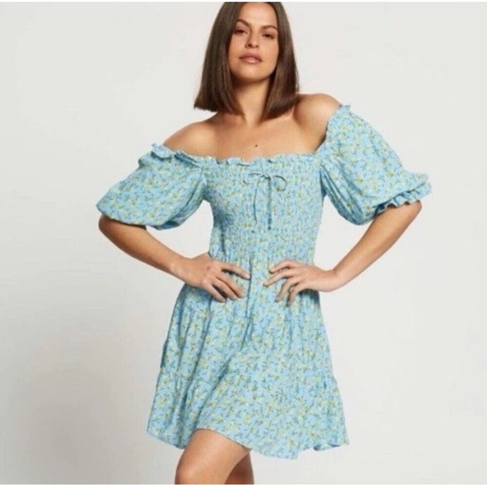 Faithfull The Brand Charlotte Mini Dress Ana Floral Print Blue Puff Sleeve 6 M